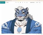  1boy animal_ears bara blue_kimono eyebrow_cut facial_hair furry furry_male goatee heterochromia japanese_clothes jewelry katto8452 kimono large_pectorals looking_to_the_side male_focus muscular muscular_male necklace original pectoral_cleavage pectorals short_hair solo tail thick_eyebrows tiger_boy tiger_ears tiger_tail upper_body white_fur 