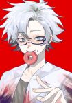  1boy blood blood_on_clothes blue_eyes chinese_commentary commentary_request doughnut food food_in_mouth glasses grey_shirt hand_up highres kanou_aogu lab_coat male_focus muyan-sqy open_clothes portrait rectangular_eyewear red_background saibou_shinkyoku semi-rimless_eyewear shirt short_hair simple_background smile solo white_hair 