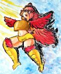 absurd_res animal_humanoid avian avian_humanoid big_breasts breasts european_mythology exposed_belly feathered_wings feathers feet greek_mythology hair harpy harpy_humanoid hi_res humanoid light long_hair mythological_avian mythological_creature mythology red_body red_feathers red_hair sheebibites sky sunlight tail tail_feathers talons toes winged_arms wings