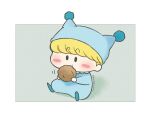  1boy ayu_(mog) blonde_hair blue_hat blush_stickers border chewing child eating food full_body hat holding holding_food meatball mirumo mirumo_de_pon! onesie short_hair signature sitting solid_oval_eyes solo white_border 