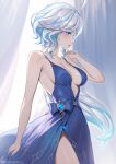  1girl ahoge alternate_costume armpit_crease bare_arms bare_shoulders blue_dress blue_eyes blue_hair breasts collarbone commentary cowboy_shot cowlick curtains dress furina_(genshin_impact) genshin_impact grey_curtains hand_up helloimtea highres light_blue_hair long_hair looking_at_viewer looking_to_the_side medium_breasts multicolored_hair no_headwear parted_lips sideboob skirt_hold sleeveless sleeveless_dress solo spaghetti_strap streaked_hair very_long_hair wavy_hair white_hair 
