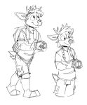 anthro antlers bottomwear camera cargo_shorts clothing darwin_(tinydeerguy) deer hi_res holding_camera holding_object horn male mammal monochrome shorts simple_background sketch smile solo tinydeerguy walking white_background