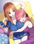  2girls blue_eyes blush breasts brown_hair can cellphone closed_eyes couch go-toubun_no_hanayome highres hyoe_(hachiechi) large_breasts multiple_girls nakano_miku nakano_nino open_mouth phone pink_hair siblings sisters smartphone smile 
