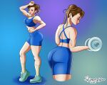  1girl ass ass_focus back bike_shorts blue_shorts blue_sports_bra breasts brown_eyes brown_hair chun-li double_bun dumbbell exercising from_behind full_body hair_bun highres huge_ass large_breasts looking_at_viewer metalytar midriff muscular muscular_female open_mouth shoes shorts simple_background smile sneakers socks solo sports_bra standing street_fighter sweat thick_thighs thighs toned video_game weightlifting 