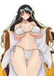  1girl absurdres ass_visible_through_thighs bare_shoulders bikini black_hair blush breasts cleavage collarbone earrings fate/grand_order fate_(series) hair_between_eyes headpiece highres hoop_earrings japanese_clothes jewelry kimono large_breasts long_hair long_sleeves long_xue looking_at_viewer navel off_shoulder orange_eyes solo swimsuit thighs vest white_bikini white_kimono wide_sleeves xuangzang_sanzang_(fate) yellow_vest 