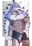  abs absurd_res anthro asiahao520 bandai_namco biceps blep bodily_fluids bulge canid canine digimon digimon_(species) ear_piercing fangs genital_fluids genitals hi_res leaking_precum male mammal muscular muscular_anthro muscular_male nipples pecs penis piercing precum scar solo teeth tongue tongue_out triceps vein veiny_muscles weregarurumon yellow_eyes 