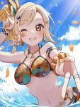  1girl absurdres bikini birthday blonde_hair blue_sky blush bracelet breasts cleavage cloud cloudy_sky collarbone commentary double_v earrings grin highres jewelry kyaku_tasu large_breasts looking_at_viewer love_live! love_live!_nijigasaki_high_school_idol_club miyashita_ai necklace one_eye_closed orange_nails ring signature sky smile solo swimsuit upper_body v water yellow_eyes 