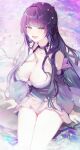  1girl bare_shoulders blunt_bangs blurry blush breasts collarbone detached_sleeves dress eyelashes hair_intakes hair_ornament happy highres lace_trim large_breasts long_hair long_sleeves looking_at_viewer lower_teeth_only open_mouth original purple_dress purple_eyes purple_hair purple_sleeves purple_theme sidelocks sitting solo teeth thighs tongue totomong water 