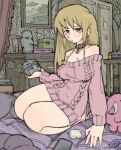  1girl airpods blonde_hair breasts broken_screen cellphone collar commentary curtains dress earrings english_commentary full_body highres holding jewelry large_breasts moai original pantsu-ripper phone pink_collar pink_dress portrait_(object) red_eyes seiza short_dress sitting smartphone solo sweater sweater_dress table web_address wireless_earphones 
