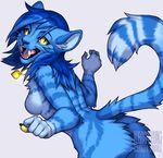  2016 anthro blue_fur blue_hair breasts fangs feline female fur grey_background hair hi_res jewelry kero_tzuki lizzie_(xieraseix) looking_at_viewer mammal necklace nude open_mouth saber-toothed_cat sabertooth_(feature) simple_background solo yellow_eyes 