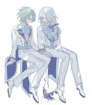  2boys ascot bad_id bad_pixiv_id blue_ascot blue_butterfly bug butterfly closed_mouth collared_shirt ensemble_stars! fire full_body gloves green_hair grey_hair hair_between_eyes holding_hands invisible_chair jacket long_hair long_sleeves male_focus meremero multiple_boys pants ponytail purple_eyes ran_nagisa red_eyes shirt shoes short_hair simple_background sitting smile tomoe_hiyori white_background white_footwear white_gloves white_jacket white_pants white_shirt 