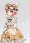  1girl animal_ears back_bow blue_eyes bow bright_pupils button_eyes buttons candy candy_hair_ornament candy_print candy_wrapper center_cross_lace closed_mouth dress fake_animal_ears food food-themed_hair_ornament frilled_dress frilled_shirt_collar frilled_sleeves frills goggles goggles_on_head hair_ornament hairband headband heart_blush_stickers heart_button identity_v lolita_fashion lolita_hairband lollipop long_sleeves looking_to_the_side official_alternate_costume orange_hair ribbon sansai_toritori see-through see-through_sleeves short_hair swirl_lollipop symbol-shaped_pupils tracy_reznik tracy_reznik_(candy_girl) waist_bow white_bow white_pupils wide_sleeves x-shaped_pupils yellow_dress 