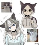  2girls :&lt; :3 ? animal_ear_fluff animal_ears backpack bag black_eyes blue_eyes blue_shirt breasts brown_hair cat cat_ears cat_girl cleavage closed_mouth colored_sclera creature_and_personification cropped_torso double-parted_bangs drawstring gegegekman grey_hair grey_hoodie hair_between_eyes head_tilt highres hood hoodie long_hair long_sleeves looking_at_viewer medium_breasts medium_hair multicolored_hair multiple_girls original parted_bangs photo_inset puff_of_air puffy_long_sleeves puffy_sleeves reference_inset romaji_commentary shirt signature smug two-tone_hair white_background white_hair yellow_sclera 