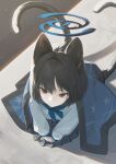  1girl absurdres animal_ears bakeneko black_hair blue_archive blue_haori blue_neckerchief blue_sailor_collar blue_skirt brown_eyes cat_ears cat_tail closed_mouth commentary dutch_angle expressionless from_above halo haori highres japanese_clothes kikyou_(blue_archive) leaning_forward long_sleeves looking_at_viewer multiple_tails neckerchief nikki_l own_hands_together pale_skin pleated_skirt sailor_collar school_uniform seiza serafuku shirt sitting skirt solo tail white_shirt 