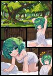  1girl 999_(hansode) ? antennae barefoot black_border blue_sky blush border camisole closed_eyes closed_mouth commentary_request day door expressionless flat_chest full_body green_eyes green_hair highres indoors medium_bangs multiple_views pillow pixel_art profile short_hair sitting sky spaghetti_strap touhou wariza white_camisole wriggle_nightbug 