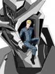  1boy blue_jumpsuit bravern facial_hair full_body jumpsuit lewis_smith looking_at_viewer male_focus mecha robot sideburns_stubble sitting smile solo spoilers spot_color stubble super_robot symbolism thick_eyebrows xylo_bee yuuki_bakuhatsu_bang_bravern 