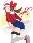  ;) blue_overalls bow brown_eyes brown_hair cabbie_hat character_name closed_mouth eyelashes from_behind hat hat_bow highres leg_up looking_at_viewer looking_back lyra_(pokemon) one_eye_closed overalls pokemon pokemon_hgss red_bow red_footwear red_shirt shirt shoes sleeves_past_elbows smile thighhighs twintails white_thighhighs ya_mari_mo_3 