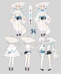  1girl :o absurdres ahoge animal_ear_fluff animal_ears asymmetrical_legwear bacheally back belt black_footwear blue_bow blue_ribbon bow bowtie braid capelet child collar collared_shirt color_guide ears_down facing_ahead fox_ears fox_girl fox_tail frilled_capelet frilled_skirt frills full_body grey_background hair_between_eyes hair_bow hair_ornament hair_scrunchie hairclip hairpin hand_up high_collar highres kneehighs large_ears large_tail layered_capelet layered_skirt long_hair looking_at_viewer low_twintails mary_janes midriff miniskirt mismatched_legwear multiple_views navel open_hand original parted_lips profile red_eyes reference_sheet ribbon sakurada_shiro_(hy_plus) scrunchie see-through_capelet shirt shoes side_braid simple_background single_sock single_thighhigh skirt socks solo spread_fingers standing straight-on tail thighhighs twintails very_long_hair waving white_hair white_shirt white_socks white_thighhighs wrist_scrunchie 