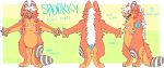  2018 ambiguous_gender animate_inanimate anthro blue_claws blue_outline blue_text blue_tongue canid canine canis character_name claws digital_drawing_(artwork) digital_media_(artwork) digitigrade domestic_dog english_text eyebrows featureless_crotch finger_claws flat_colors front_view fur green_background grey_pawpads grey_pupils handpaw handwritten_text hi_res hindpaw jaspering living_plushie mammal mane model_sheet nude open_mouth orange_body orange_fur outline pawpads paws plushie pupils rear_view side_view simple_background snout solo spiral_pupils spookky_(jaspering) standing striped_pawpads stripes tail teeth text toe_claws tongue whisker_spots white_eyebrows white_eyes white_mane white_pawpads yellow_sclera 