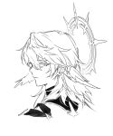  1boy closed_mouth coat earrings greyscale halo head_wings highres honkai:_star_rail honkai_(series) jewelry looking_at_viewer male_focus monochrome portrait renjian_shilian simple_background solo spiked_halo sunday_(honkai:_star_rail) wing_piercing wings 