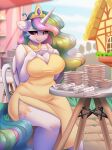  alphadesu anthro big_breasts biped blush breasts cleavage clothed clothing equid equine female fingers friendship_is_magic hair hasbro hi_res horn looking_at_viewer mammal my_little_pony mythological_creature mythological_equine mythology princess_celestia_(mlp) pupils smile solo thick_thighs winged_unicorn wings 