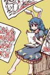  animal_ears blood blue_dress blue_hair bunny_ears child_drawing crayon dress ear_clip empty_eyes jiru_(jirufun) kine long_hair mallet red_eyes seiran_(touhou) smile solo touhou 