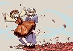  aki_minoriko barefoot blonde_hair closed_eyes dress food fruit grapes hat jiru_(jirufun) jumping leaf maple_leaf maribel_hearn mob_cap multiple_girls open_mouth purple_dress ribbon short_hair smile touhou 