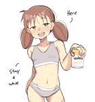  1girl :d azumanga_daioh beer_can blush bra breasts brown_eyes brown_hair can drink_can highres mihama_chiyo modelo_(beer) navel panties simple_background small_breasts smile sports_bra sweat teeth twintails underwear upper_teeth_only white_background zlix0n 