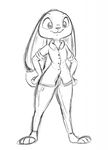  2016 :3 anthro black_and_white clothed clothing disney female hands_on_hips judy_hopps krayboost lagomorph looking_at_viewer mammal monochrome rabbit simple_background sketch solo white_background zootopia 