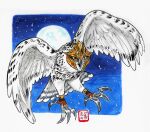 absurd_res ambiguous_gender armor avian battle_claws bird feathers female_(lore) feral flying guardians_of_ga&#039;hoole headgear helmet hi_res horned_owl kabuki-aku moon night owl snowy_owl solo traditional_media_(artwork) true_owl white_body white_feathers yellow_eyes