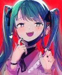 1girl absurdres fangs fukami_suiren hair_ornament hatsune_miku heart highres long_hair long_sleeves looking_at_viewer mask mask_pull mouth_mask open_mouth red_background ribbon shirt smile solo vampire_(vocaloid) vocaloid 