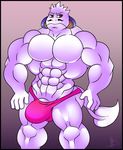  2016 abs anthro biceps big_biceps border brown_eyes bulge clothed clothing collectollider colored cute digital_drawing_(artwork) digital_media_(artwork) ears_down facial_hair front_view frown fur hyper hyper_bulge hyper_muscles male muscular muscular_male mustache obliques pecs pink_clothing pinup portrait pose quads serratus shaded skimpy standing steak_(tegami_bachi) tegami_bachi thong three-quarter_portrait toony triceps unknown_species white_fur 