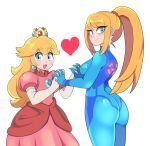  2girls artist_progress ass back bbycheese blonde_hair blue_eyes bodysuit breasts brooch closed_mouth crown dress earrings elbow_gloves feet_out_of_frame from_behind gloves heart highres holding_hands jewelry long_dress long_hair looking_at_viewer looking_back mario_(series) metroid multiple_girls one_eye_closed open_mouth pink_dress ponytail princess_peach puffy_short_sleeves puffy_sleeves redrawn samus_aran short_sleeves sidelocks simple_background skin_tight smile sphere_earrings white_gloves zero_suit 