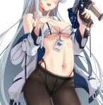  1girl :d ass_visible_through_thighs black_panties black_pantyhose blue_archive bra breasts dot_nose finger_to_face grey_hair gun hand_on_own_chest handgun head_out_of_frame holding holding_gun holding_weapon id_card jacket light_blush long_hair long_sleeves medium_breasts navel noa_(blue_archive) panties pantyhose side-tie_panties sidelocks sig_sauer_p320 simple_background smile string_bra string_panties two-sided_fabric two-sided_jacket underwear very_long_hair weapon white_background white_bra white_jacket xephonia 