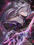  1girl acheron_(honkai:_star_rail) artist_logo bandaged_arm bandages bare_shoulders black_choker black_gloves chain chain_around_arm choker closed_mouth commentary diamond-shaped_pupils diamond_(shape) earrings elbow_gloves electricity gloves hair_over_one_eye hewaje highres holding holding_sword holding_weapon honkai:_star_rail honkai_(series) jewelry long_hair looking_at_viewer multicolored_hair official_alternate_color red_eyes scabbard sheath sheathed single_elbow_glove solo streaked_hair sword symbol-shaped_pupils upper_body weapon white_hair 