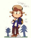  1girl aged_up backpack bag blue_sweater brown_hair brown_pants clearmonbass concept_art dipper_pines foxy_(brown_dust) fur_hat gravity_falls green_bag green_hat hand_in_pocket hat highres looking_to_the_side pants pine_tree shirt shoes short_hair smile sneakers sweater tree tree_print ushanka watch white_shirt wristwatch 