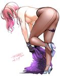  2016 ass bent_over black_gloves breasts brown_eyes brown_legwear dated dressing from_side full_body gloves high_heels highres holding idolmaster idolmaster_cinderella_girls idolmaster_cinderella_girls_starlight_stage jougasaki_mika looking_down medium_breasts nipples panties panties_under_pantyhose pantyhose pink_hair short_hair side_ponytail signature simple_background solo standing standing_on_one_leg tachibana_roku thong topless underwear white_background 