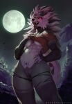  abs absurd_res alex_yoshirama clothing female fluffy fur genitals grey_body grey_fur hi_res hybrid looking_at_viewer looking_down low-angle_view moon night nude piercing pussy reavth red_eyes reddyrennard rendered solo_focus undressing 