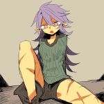  1girl cross_scar female legs messy_hair ootorii_bisetsu open_mouth original purple_hair scar short_shorts shorts sitting solo 