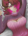  bed bete_noire betty_noire breasts brown_hair glitchtale highres long_hair multicolored_hair pink_eyes pink_hair 