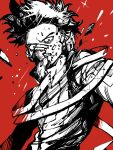  1boy boku_no_hero_academia broken_mask clenched_teeth engawaji looking_at_viewer male_focus mask monochrome red_background scarf shinsou_hitoshi solo spiked_hair teeth 