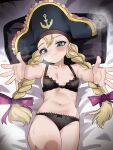  1girl absurdres bed bed_sheet blonde_hair blue_eyes blush braid commission hat highres long_hair low-braided_long_hair low-tied_long_hair navel patty_fleur pillow pirate pirate_hat reaching reaching_towards_viewer smile solo steam sweat tales_of_(series) tales_of_vesperia twin_braids underwear zd_(pixiv6210083) 