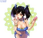  bangs bare_shoulders bikini black_hair blue_bikini bow bowtie bracelet breasts brown_eyes cleavage collarbone cowboy_shot cyphers finger_licking food frilled_bikini frills hair_ribbon hands_up holding holding_food ice_cream ice_cream_cone jewelry large_breasts licking looking_at_viewer manjji marlene_(cyphers) melting midriff navel polka_dot polka_dot_bow polka_dot_neckwear ribbon short_hair side-tie_bikini simple_background solo swimsuit tongue tongue_out twintails white_background 