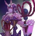  1girl bad_id bad_pixiv_id bare_shoulders eyeliner fate/grand_order fate_(series) headpiece highres horns japanese_clothes leaning_forward looking_at_viewer makeup navel oni open_mouth purple_eyes purple_hair revealing_clothes short_hair shuten_douji_(fate) skin-covered_horns smile solo soonbu teeth thighhighs thighs translation_request 