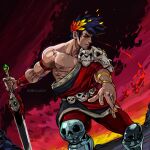  1boy ancient_greek_clothes animal_skull armlet bara black_hair black_sclera colored_sclera feet_out_of_frame greco-roman_clothes hades_(series) hades_1 highres holding holding_sword holding_weapon laurel_crown male_focus muscular muscular_male nico_bascunan nipples profile red_eyes short_hair single_bare_shoulder skull skull_belt solo sword twitter_username weapon zagreus_(hades) 