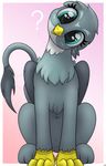  2016 avian beak blue_eyes conscious-aberration eyelashes feathered_wings feathers female feral friendship_is_magic fur gabby_(mlp) grey_feathers grey_fur gryphon looking_at_viewer my_little_pony pink_background simple_background solo wings 