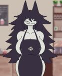  :3 animal_humanoid anthro apron apron_only big_breasts blue_hair bodily_fluids breasts cat_humanoid clothing ctzt domestic_cat felid felid_humanoid feline feline_humanoid felis female fundamental_paper_education hair huge_breasts humanoid iced_latte_with_breast_milk lactating mammal mammal_humanoid milk miss_circle slightly_chubby small_head solo teacher white_body 