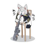  1girl :3 akichi_360 animal_ears black_jacket blush cat_ears cat_tail chibi closed_eyes commentary_request eating full_body grey_hair gun highres holding holding_gun holding_weapon jacket long_hair long_sleeves nora_cat nora_cat_channel on_chair puffy_long_sleeves puffy_sleeves rifle shoes simple_background sitting sniper_rifle solo spread_legs tail virtual_youtuber weapon white_background 