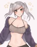  1girl bandeau bare_shoulders breasts camisole cleavage commentary english_commentary fire_emblem fire_emblem_awakening grey_background grey_eyes grey_hair highres jacket long_hair long_sleeves looking_at_viewer medium_breasts midriff navel open_clothes open_jacket purple_jacket purrlucii revision robin_(female)_(fire_emblem) robin_(fire_emblem) simple_background smile solo stomach swept_bangs twintails upper_body 