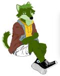  anthro bottomwear canid canine canis cheek_tuft clothed clothing converse facial_tuft footwear fur green_body green_eyes green_fur head_tuft hi_res hoodie jacket looking_at_viewer male mammal mmmmbeefowo red_clothing red_jacket red_topwear ryan_the_green_wolf shoes shorts sitting solo topwear tuft wolf yellow_clothing yellow_hoodie yellow_topwear 
